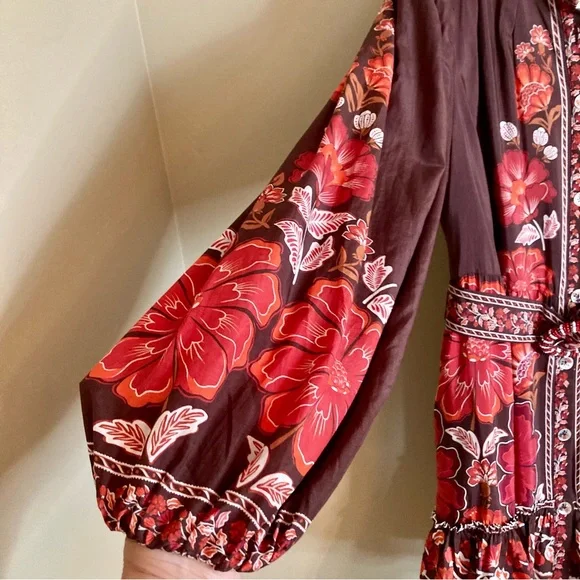SOLD FARM Rio Gigi Tapestry Brown Mini Dress Beaded Buckle Red Floral Size L - Picture 9 of 16
